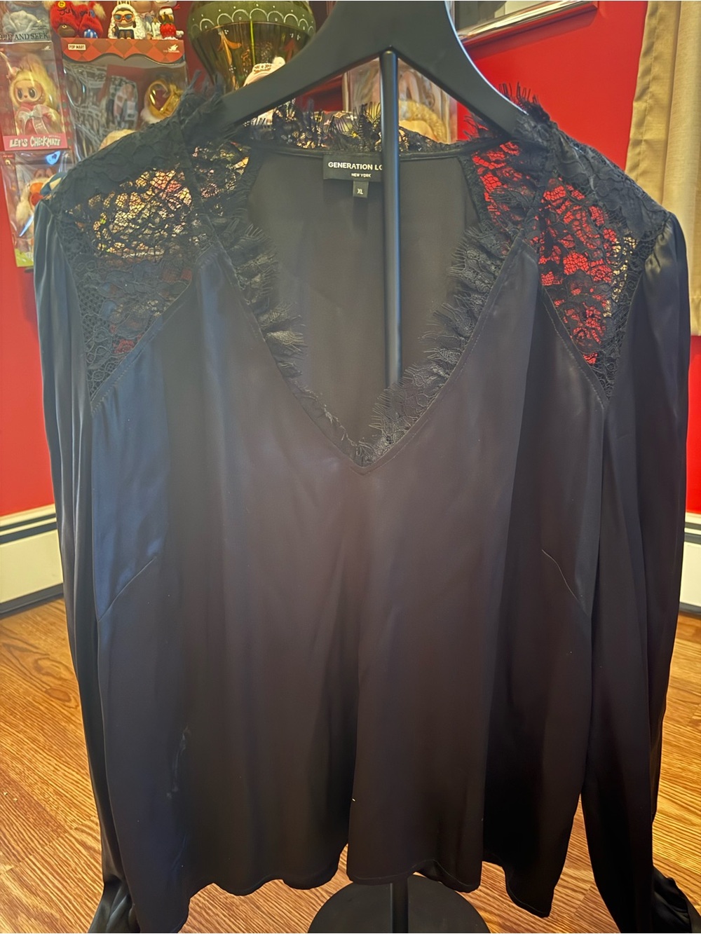 Generation Love Black Lace-Trim V-Neck Blouse silk